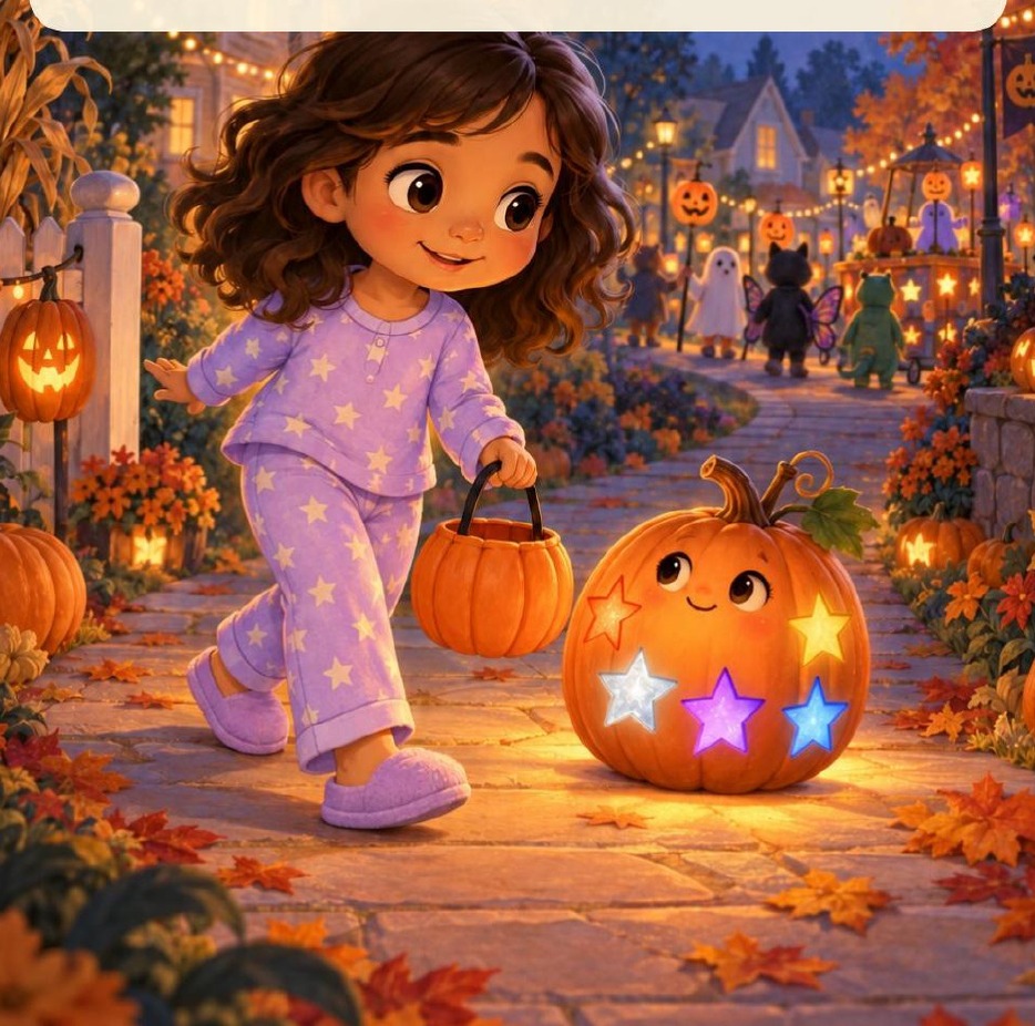 Luna and Pip in a cozy Halloween town