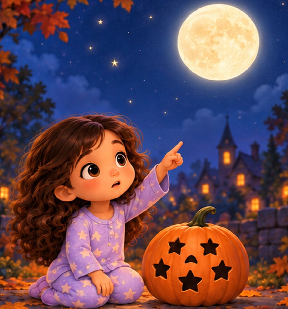 Luna points to the moon beside Pip