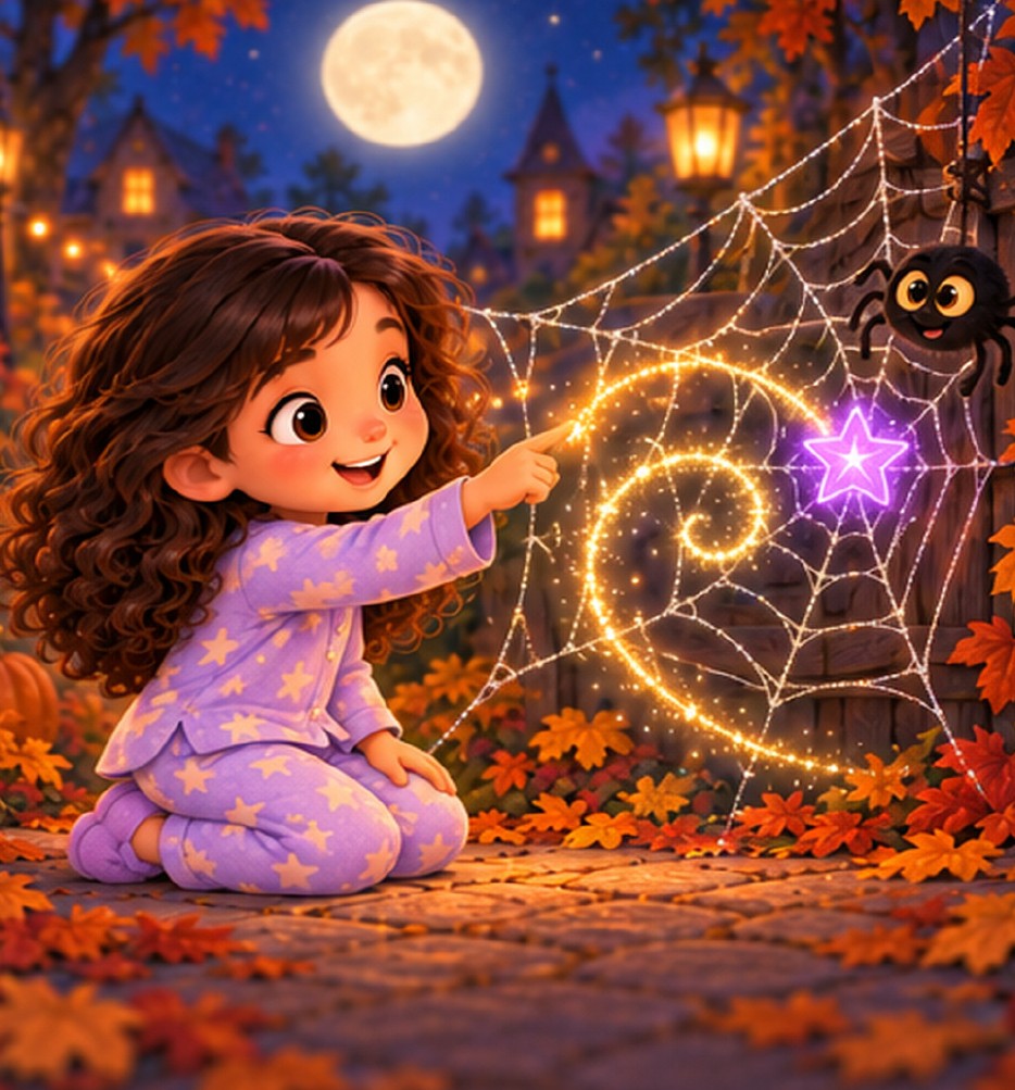 Luna traces a glowing path through a spiderweb